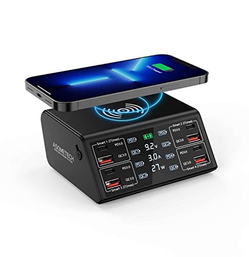 USB Charger, ASOMETECH 100W 8 Port Multiple USB Charging Station with 4 Quick Charge 3.0, 4 USB C PD Port, Wireless Charger, LCD Display Fast Charging Hub for iPhone 13 12 iPad Samsung and More - color: Black