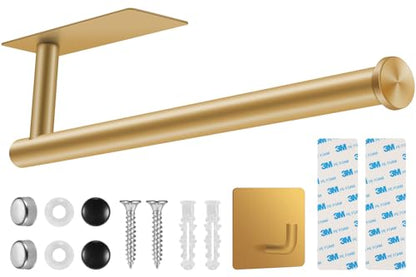 2nd Gen Paper Towel Holder Under Cabinet No Drilling, [More Sturdy] Self Adhesive or Drilling Paper Towel Holder Wall Mount for Kitchen, RV, [Fit Mega Paper Towel Roll] SUS304 Stainless Steel - color: Gold