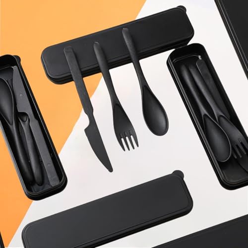Wheat Straw Utensils Set with Case, Reusable Travel Cutlery Knife Fork Spoon, BPA-Free Portable Flatware for Camping, Hiking & Picnic (Black) - color: Black