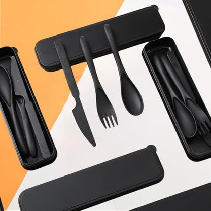 Wheat Straw Utensils Set with Case, Reusable Travel Cutlery Knife Fork Spoon, BPA-Free Portable Flatware for Camping, Hiking & Picnic (Black) - color: Black