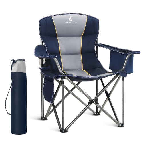 LET'S CAMP Folding Camping Chair Oversized Heavy Duty Padded Outdoor Chair with Cup Holder Storage and Cooler Bag, 450 LBS Weight Capacity, Thicken 600D Oxford - color: Navy Blue, size: Single Pack