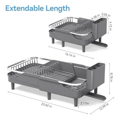 Urackify Dish Drying Rack for Kitchen Counter, Expandable Stainless Steel Dish Racks with Adjustable Water Spout, Space Saving Dish Drainer with Cutlery Holder,16.14"-23.62" L x 12.99" x 8.78",Grey - color: Gray