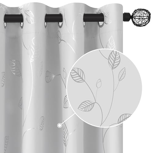 BUHUA Wave Silver Leaf Print Blackout Curtains for Living Room Darkening Curtains Light Blocking Curtains for Bedroom 38W×63L Greyish White 2 Panels - color: Silver Leaf /Greyish White, size: 38"W x 63"L (Pack of 2)