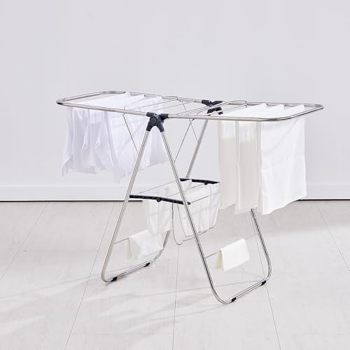TRES BELLE M-Size Stainless Steel Gullwing Clothes Drying Rack, Foldable Compact Metal Laundry Dryer with Secure-Rod 2 Bottom Bars for Baby Clothes, Delicates, Underwear, Towel - size: Medium