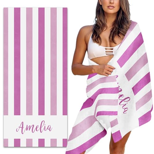 MeMoShe Personalized Beach Towel with Name Custom Microfiber Kids Beach Towels Sand Free Quick Dry Pool Towel Blanket Stripes Print Beach Towels for Adults 30x60 Inch - color: Multi-color 24