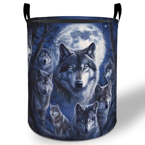 Full Moon Wolf Laundry Basket Hamper 19.7"x15.8", Forest Wolf Foldable Waterproof Oxford Clothes Storage Bucket for Room Bathroom Bedroom Nursery Decor, Toy Organizer Bins Gifts for Kids Boys Girls - style: Full Moon Wolf