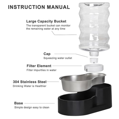 RIZZARI Dog Water Dispenser: 7L Black Stainless Steel Gravity Waterer - Helps Prevent Urinary Stones - Leak-Proof & Stable-Small to Medium Dogs & Cats- Daily Use-Long Hours Away & Home | Built-In Filtration,Clear Water Reservoir,Spill-Resistant Design,Eas
