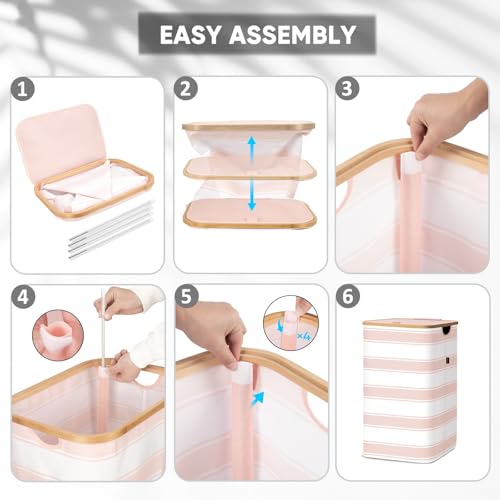 BALEINE Laundry Hamper with Lid, Tall Laundry Baskets with Bamboo Pull Handles, Large Laundry Bin with Internal Support (26 Gal/100L, Pink Stripe) - color: Pink Stripe, size: 100 liters