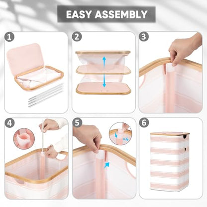 BALEINE Laundry Hamper with Lid, Tall Laundry Baskets with Bamboo Pull Handles, Large Laundry Bin with Internal Support (26 Gal/100L, Pink Stripe) - color: Pink Stripe, size: 100 liters