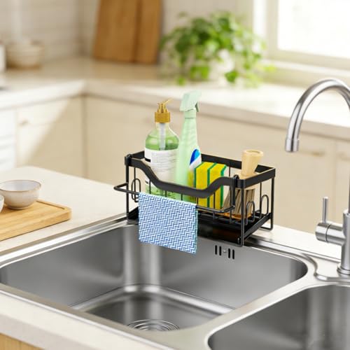 Kitchen Sink Organizer Stainless Steel Sponge Holder with Automatic Drainage Tray and Detachable Rag Rack - color: Black