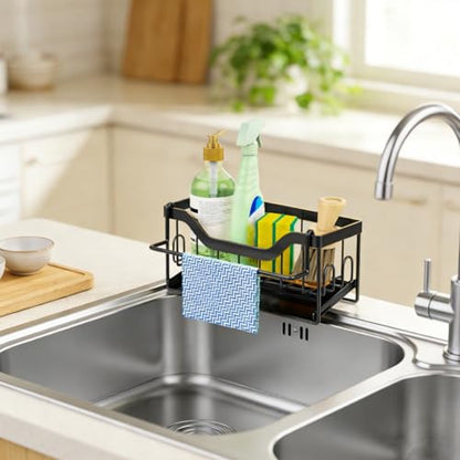 Kitchen Sink Organizer Stainless Steel Sponge Holder with Automatic Drainage Tray and Detachable Rag Rack - color: Black