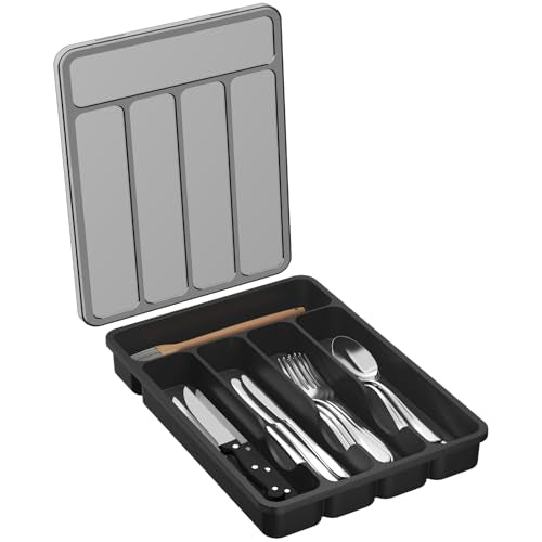 Lifewit Silverware Organizer with Lid, Covered Utensil Tray for Kitchen Drawer and Countertop, Plastic Cutlery and Flatware Storage Box for Spoons Forks Knives Holder Case, 23 x 32 cm, Black - color: Black, size: 9.5"L x 12.7"W