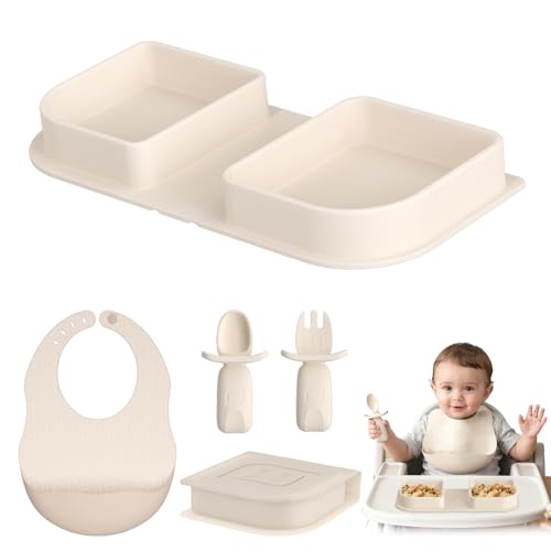 Beige Travel Silicone Foldable Feeding Set, On-the-Go Baby Feeding Supplies Including Toddler Plates, Silicone Baby Spoon&Fork, Adjustable Foldable Bib, Portable Infant Toddler Utensils - color: Beige