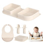 Beige Travel Silicone Foldable Feeding Set, On-the-Go Baby Feeding Supplies Including Toddler Plates, Silicone Baby Spoon&Fork, Adjustable Foldable Bib, Portable Infant Toddler Utensils - color: Beige