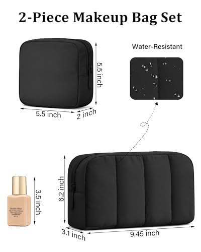 oscaurt 2 Pcs Makeup Bag Travel Toiletry Bag for Women Puffy Padded Cosmetic Pouch Purse Wide-open Makeup Organizer Case Travel Essentials - color: Black-Set
