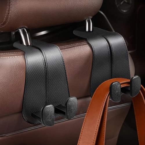 CoBak Extra Wide Car Seat Back Hooks, Premium Stitched Leather Headrest Hangers with Wide Slot Structure, Universal for Any-Width Purses, Handbags, Bags (2 Pack), Carbon Fiber Black - color: A-Wide Version - Carbon Fiber Black, size: 2-Hooks