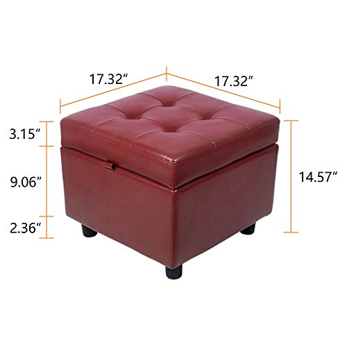 H&B Luxuries Tufted Leather Square Flip Top Storage Ottoman Cube Foot Rest (Red with Storage) - color: Red With Storage