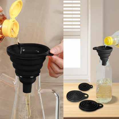 Kitchen Funnel Set 4 Pack, Small and Large, Kitchen Gadgets Accessories Foldable Silicone Collapsible Funnels for Filling Water Bottle Liquid Transfer Food Grade(Black) - color: Black