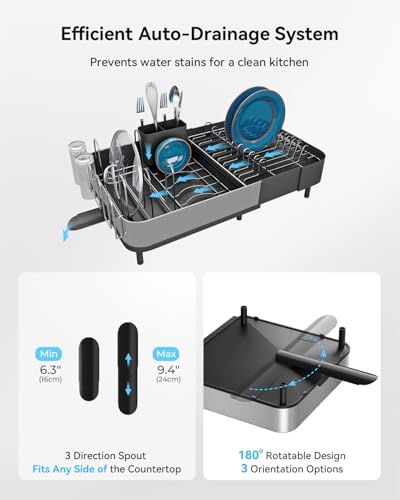 SUNLY Expandable Dish Drying Rack, Versatile Brackets for Pots & Pans, Space Saving Kitchen Drying Rack, Dish Racks for Kitchen Counter, Stainless Steel Dish Drainers with Extendable Spout, Black - color: Black + Silver