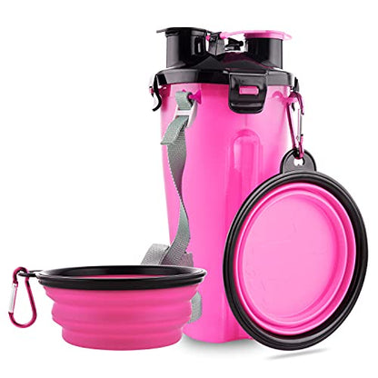 Guardians Dog Travel Water Bottle Collapsible Bowls, 2 in 1 Pet Food Container with Collapse Bowls, Outdoor Portable Water Bowls for Walking, Traveling, Camping and Hiking (Pink) - color: Pink
