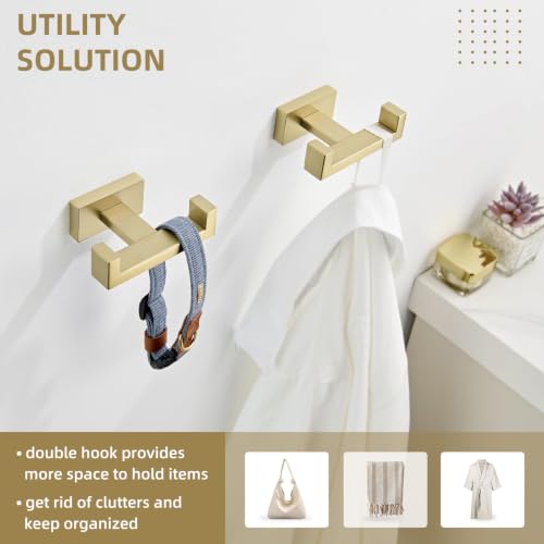 Angle Simple Double Towel Hook, SUS304 Stainless Steel Hand Towel Holder, Bathroom Robe Coat Hook for Wall, Brushed Gold, 2 Pack - color: Brushed Gold, size: 2 Pack