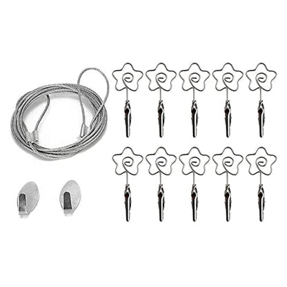 Multi-Purpose Steel Wall Hanging Photo Display Cable Wire Rod with 12 Adjustable Clips for Hanging Photos Notes Postcard and Artworks (Flower) - size: Flower