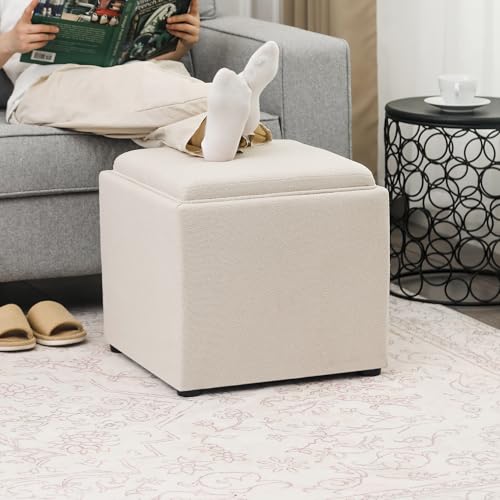 Adeco 17-inch Square Storage Ottoman with Reversible Tray Top, Upholstered Fabric Cube Footrest Stool & Coffee Table for Living Room, Bedroom, and Small Spaces, Beige - color: Beige With Tray