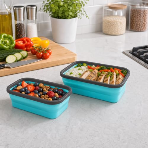 Guyuyii 4 Pack Space-Saving Collapsible Food Storage Containers with Lids | 12/17/27/40 oz Food-Grade Silicone Set for RV, Camping, Meal Prep, Small Kitchens - Microwave/Freezer/Dishwasher Safe - color: blue