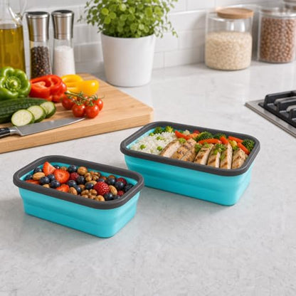 Guyuyii 4 Pack Space-Saving Collapsible Food Storage Containers with Lids | 12/17/27/40 oz Food-Grade Silicone Set for RV, Camping, Meal Prep, Small Kitchens - Microwave/Freezer/Dishwasher Safe - color: blue