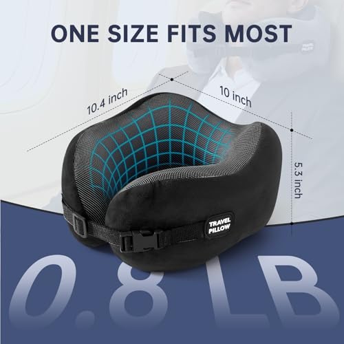 Neck Pillow Travel Pillow - 100% Pure Memory Foam Airplane Pillow with Adjustable Clasp & Removable Cover, Portable Travel Essentials for Long Flights, Car & Office (Black) - color: Black