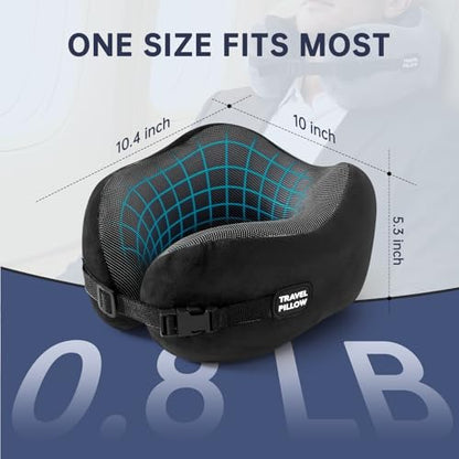 Neck Pillow Travel Pillow - 100% Pure Memory Foam Airplane Pillow with Adjustable Clasp & Removable Cover, Portable Travel Essentials for Long Flights, Car & Office (Black) - color: Black