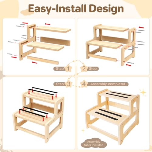 Toddler Step Stool, Step Stool for Kids, Toddler Stool for Bathroom Sink & Potty Training, Wooden Step Stools w Non Slip Base for Kitchen, Bedroom - color: Light Brown