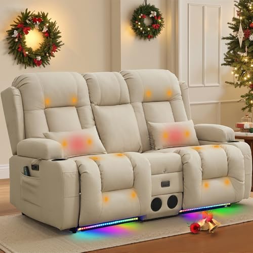 TUNYI Power Loveseat Recliner Sofa with Massage & Heat Home Theater Seating with Console RV Recliner Loveseat Sofa with USB/Storage/Side Pocket/LED Light/Speaker (Beige, Loveseat) - color: Beige, size: 2 Seat