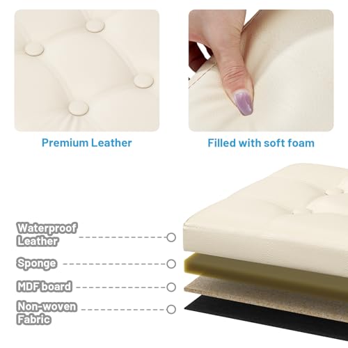 Bsketa Storage Ottoman Foot Rest Stool, Small Leather Storage Ottomans Bench, Folding Footstool with Side Pockets, Foot Rest Under Desk for Living Room Bedroom, 15x15x15 in, Beige - color: Beige-with Side Pockets