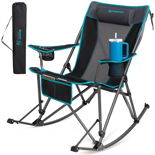 FUNDANGO Oversized Rocking Camping Chair for Adults, Portable Folding Lawn Chairs for Outside with Pillows, Wide Armrest, 2 Cup Holders, Carry Bag for Patio Garden Outdoor Supports 400Lbs (Black/Blue) - color: Black Rockease-1 Pack
