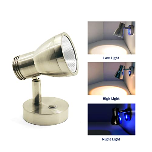 THALASSA RV Overhead Reading Light 12V LED Spotlight Camper Motorhome Interior Warm Light Brushed Nickel with Blue Small Reminder Light, Adjustable Touch Dimmer Switch 3W DC 10-30V - color: Brushed Nickel Finish