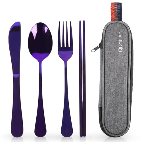 Travel Utensils with Case, Quatish Portable Silverware Set for Work, Stainless Steel Reusable Travel Cutlery Set, Fork and Spoon Set for Camping, EDC Gadgets, Lunch Box for Men, Purple - color: Purple