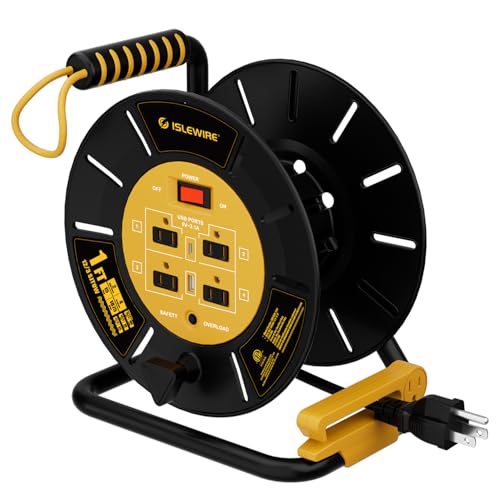 Extension Cord Storage Reel with 4-Grounded Outlets & 2 USB Ports, Heavy Duty Open Cord Reel for 12/3,14/3,16/3 Gauge Power Cord, Hand Wind Retractable, 15A Circuit Breaker, ETL Listed, Yellow - color: Yellow