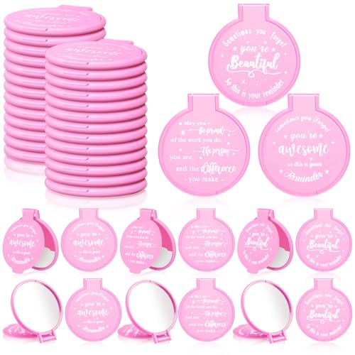 Wenqik 64 Pcs Inspirational Mini Compact Mirrors Bulk, Women Small Gifts Bulk, Group Team Party Favors, Mini Pocket Purse Mirror for Travel, Client, Guest, Wedding, Birthday, Cheerleader (Pink) - color: Pink