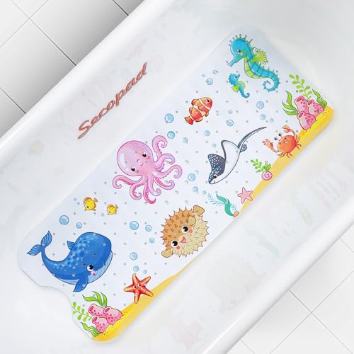 Secopad Bath Mat for Tub Non Slip, Machine Washable Anti-Slip Cartoon Baby Bathtub Shower Mat with Drain Holes and Suction Cups for Toddler & Kids (40 Inch x 16 Inch-Rectangular, New-Octopus) - color: New-octopus, size: 40" x 16" (Rectangular)