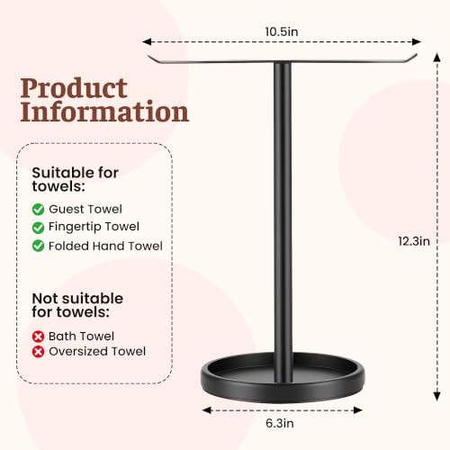 Stainless Steel Hand Towel Holder with Storage Tray for Bathroom Countertop | Weighted base with anti-slip pads keeps towels stable while the tray neatly stores jewelry, watches and essentials. - color: Black-1p（with Tray）