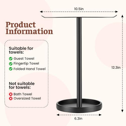 Stainless Steel Hand Towel Holder with Storage Tray for Bathroom Countertop | Weighted base with anti-slip pads keeps towels stable while the tray neatly stores jewelry, watches and essentials. - color: Black-1p（with Tray）