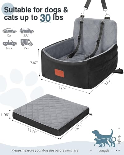 WOOAIDAGG Dog Car Seat for Small Dogs Under 30lbs, Comfy & Safe Travel Bed with Washable Cover, 2 Clip-On Safety Leashes and Pockets, Anti-Slip Base, Easy to Install(Black/Grey) - color: Black/Grey