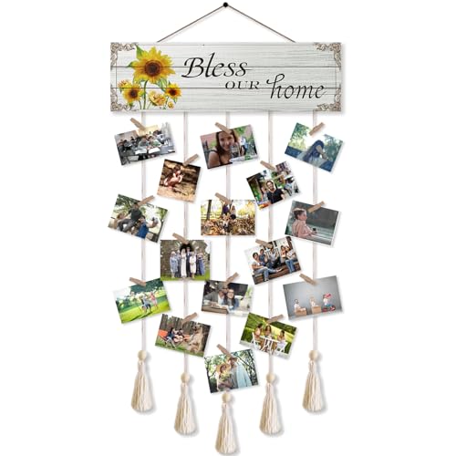 Home Collage Picture Frames,Clip Photo Holders for Wall,Wooden Hanging Photo Display with 16 Clips 5 Strings,Bless Our Home Sign Wall Decor - color: Bless Our Home