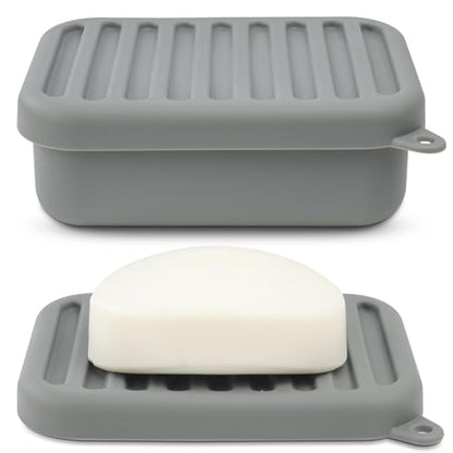 AIMAIAIMAI Leak-Proof Silicone Travel Soap Case with Drainage Lid/Layer, Compact Bar Soap Container, Durable Soap Holder for Camping, Gym, and Travel Size Toiletries (Gray) - color: Gray