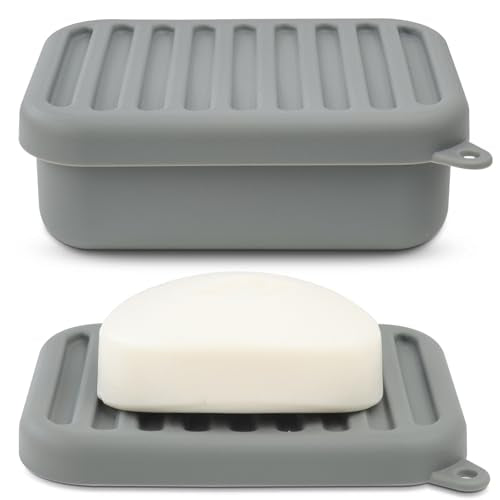 AIMAIAIMAI Leak-Proof Silicone Travel Soap Case with Drainage Lid/Layer, Compact Bar Soap Container, Durable Soap Holder for Camping, Gym, and Travel Size Toiletries (Gray) - color: Gray
