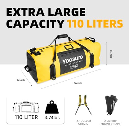 Airtight Zipper Waterproof Duffel Bag 110L- 700D PVC Dry Bag Extra Large Dry Bags with Straps&Handles for Camping Boating Kayaking Rafting Canoeing Gym Beach Car Roof Storage (Yellow) - color: Yellow