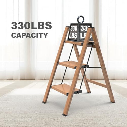 3 Step Ladder, Folding Aluminum Step Stool with Anti-Slip Wide Steps for Adults, Ideal for Kitchen, Closet, Bedroom, 330 lbs Capacity (Woodgrain) (Dark Woodgrain, 3 Step) - color: Dark Woodgrain