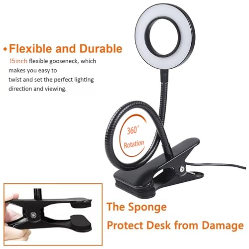 Brokimis Clip on Light LED Reading Book Study Lamp 3 Color Modes 10 Brightness Eye Protection 360° Flexible Gooseneck Student Dormitory Office Desk Lamp at Night in Bed - color: Black
