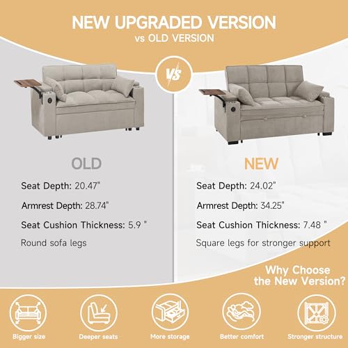 oaaktu 65'' Convertible Sleeper Sofa Bed,Extra Thick Cushion Polka dot Velvet Pull Out Futon Couch with Storage handrails & Rotating Side Tables,Convertible Sofa Couch for Living Room,RV (07S-Khaki) - color: 07s-khaki